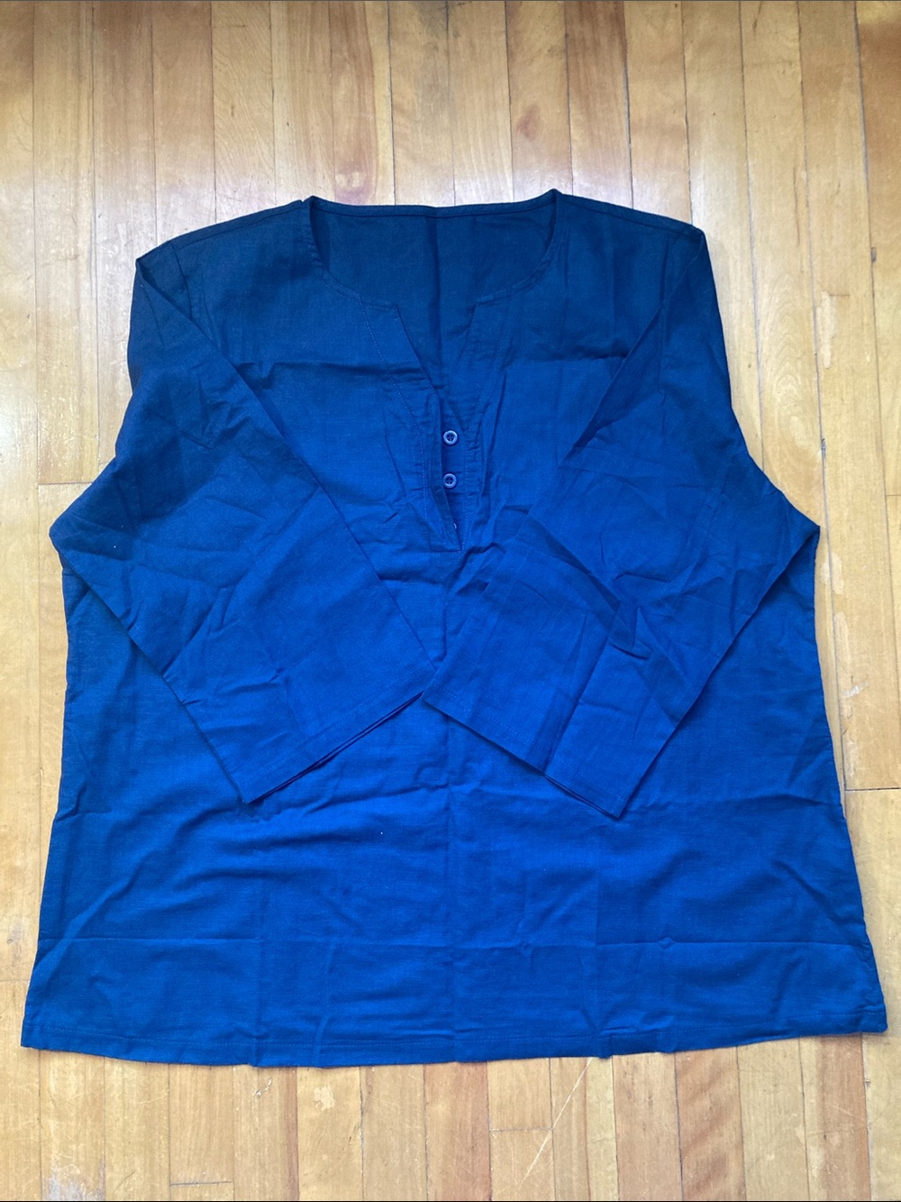 Navy Linen Cotton Blend 3/4 Sleeve Shirt - Three Button Placket V Neck